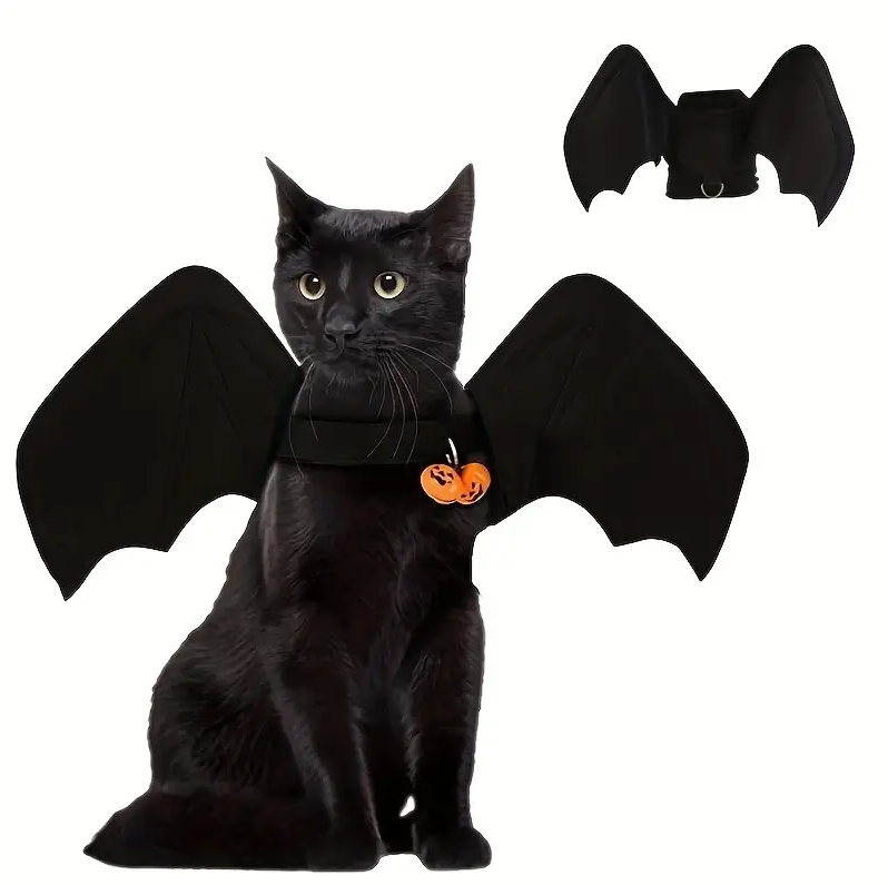 Halloween Bat Wings Pet Costume with Bell - Cozy Polyester, Hand-Washable, Adjustable Magic Tape Closure for Cats.