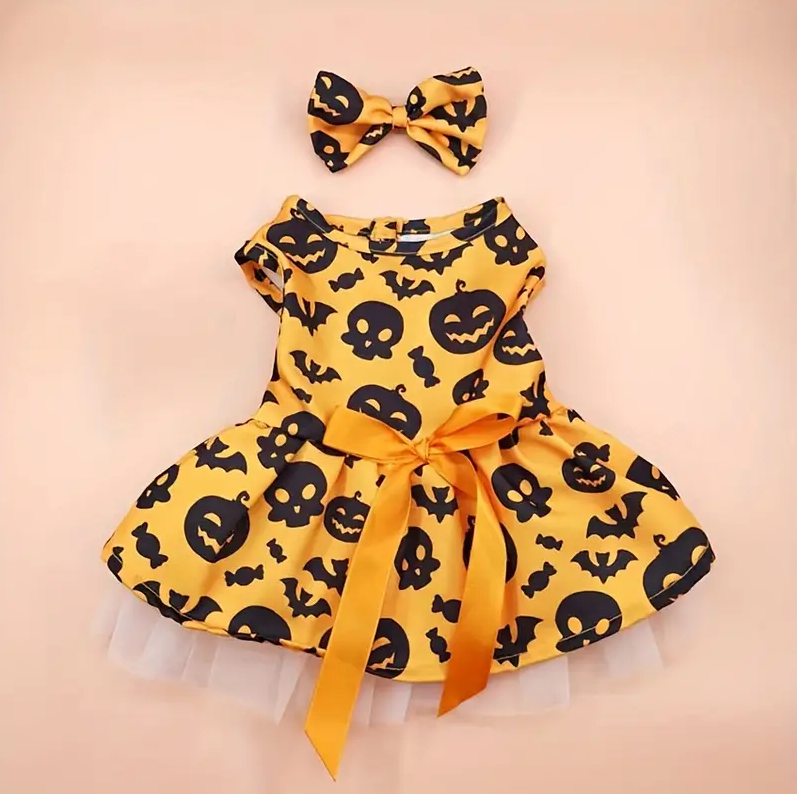 Adorable Halloween Pet Costume with Bow - Pumpkin Witch & Bat Design for Cats, Soft Cotton Knit, Medium Breeds.
