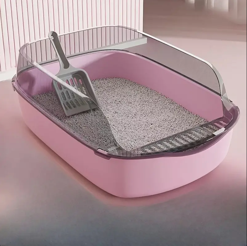 Large High Enclosure Travel Portable Cat Litter Box with Lid and Scraper - Silicone and PP Material, Square Shape.