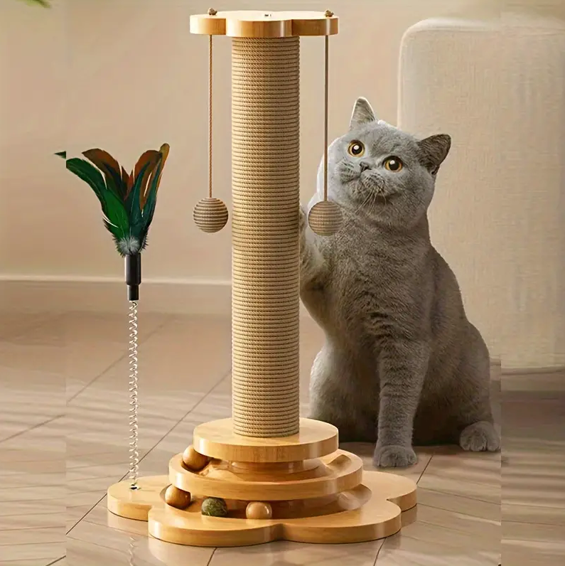 1pc Solid Wood Cat Turntable Cat Scratching Post, Cat Teaser Stick, Cat Scratching Board For Cats, Durable Cat Toys, Sisal Cat Climbing Stand.