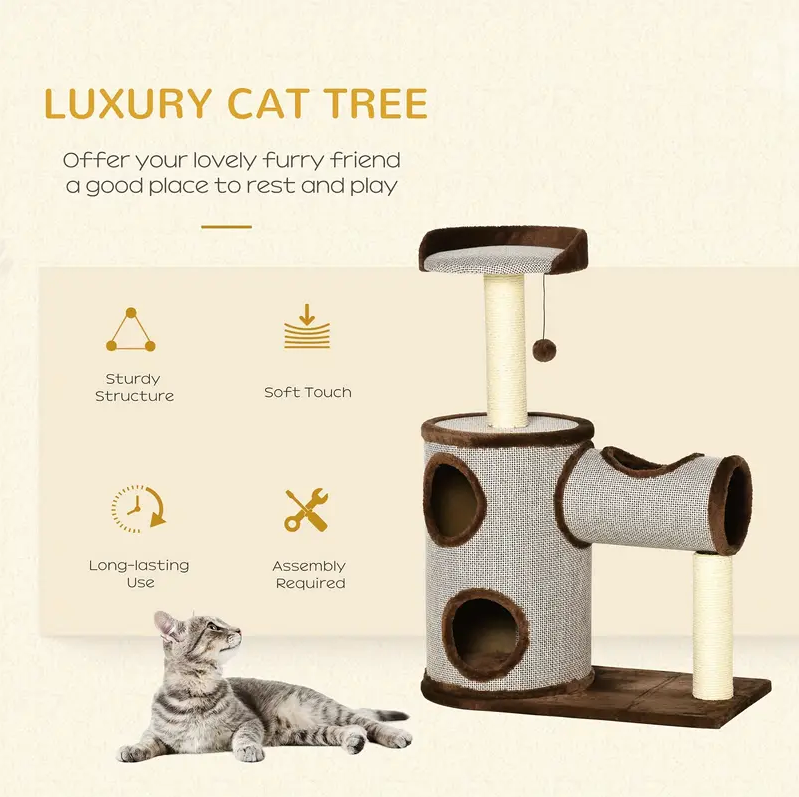 PawHut Cat Tree Tower Indoor Cats Climbing Activity Center Kitten Furniture w/Cat House, Bed, Scratching Post, Hanging Toy, Brown.