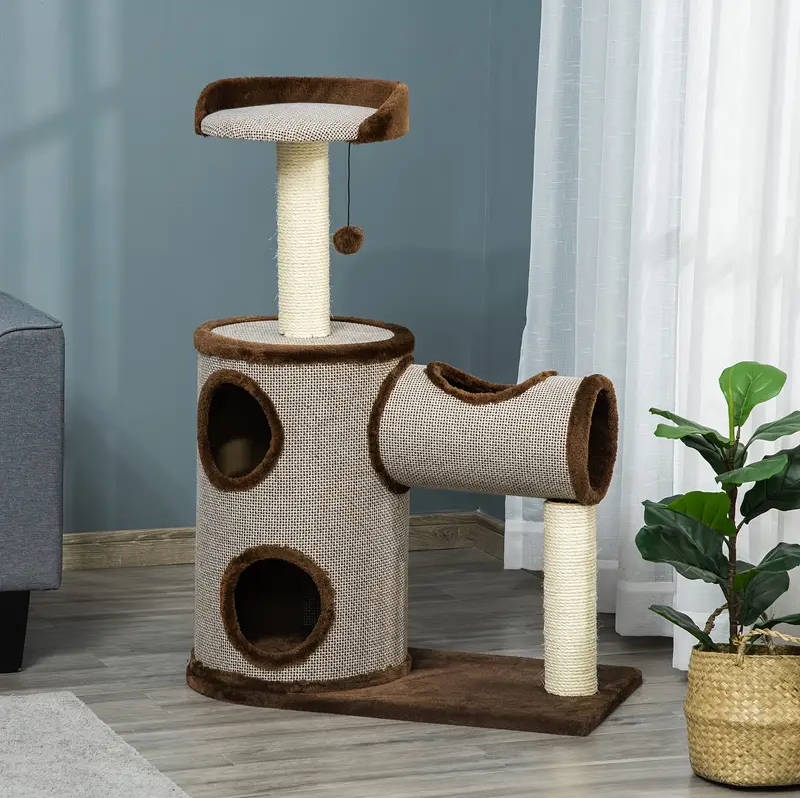 PawHut Cat Tree Tower Indoor Cats Climbing Activity Center Kitten Furniture w/Cat House, Bed, Scratching Post, Hanging Toy, Brown.