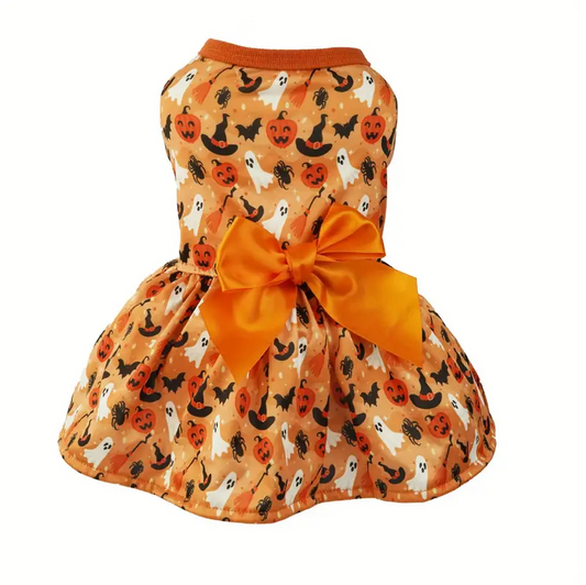 Spooky Halloween Pet Dress - Pumpkin & Bat Print With Bow Tie for Cats, Perfect For Small To Medium Breeds.
