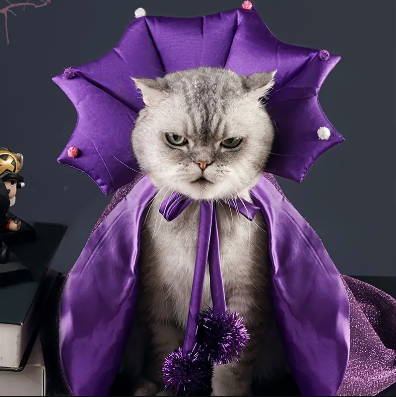 Halloween Pet Costume Set for Cats, Hand-Wash Polyester Wizard Cape with Star Hat, Solid Color Cosplay Apparel for Small to Medium Breeds, Autumn All-Season Woven Cloak with Tether Attachment.