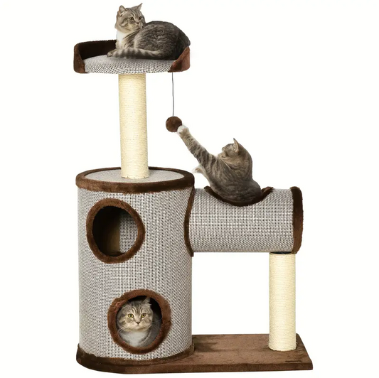 PawHut Cat Tree Tower Indoor Cats Climbing Activity Center Kitten Furniture w/Cat House, Bed, Scratching Post, Hanging Toy, Brown.