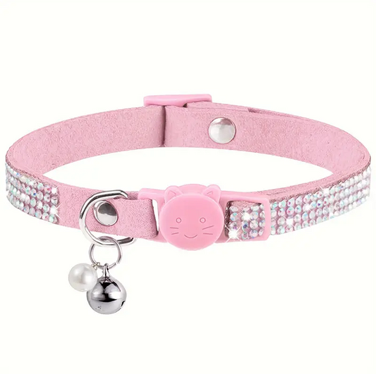 Luxurious Velvet Cat Collar with Rhinestones & Faux Pearls - Adjustable, Comfort-Fit Design with Safety Breakaway Buckle and Detachable Bell for All Breeds