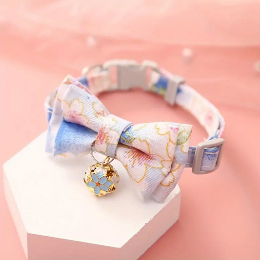 1pc Adjustable Nylon Cat Collar With Floral Print Bow Tie And Bell, Cute Pet Necklace With Breakaway Design, Pet Supplies For Cats And Small To Large Dogs