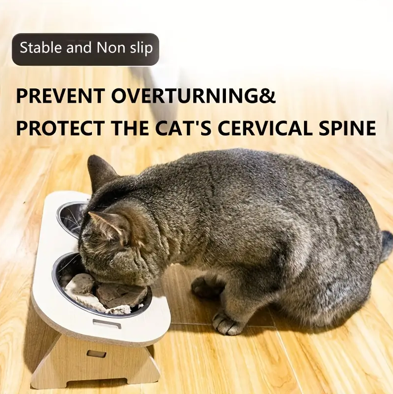 Elevated Cat Feeder with 2 Stainless Steel Bowls, Wooden Raised Pet Feeding Station for Cats, Anti-Slip & Ant-Overturn Design for Neck Protection, Dual Bowls for Food and Water