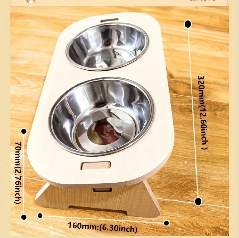 Elevated Cat Feeder with 2 Stainless Steel Bowls, Wooden Raised Pet Feeding Station for Cats, Anti-Slip & Ant-Overturn Design for Neck Protection, Dual Bowls for Food and Water