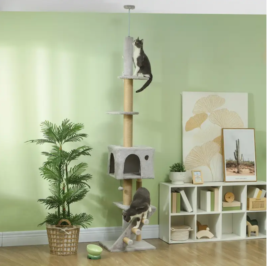 Floor to Ceiling Cat Tree for Large Cats Adult, Cat Tower Adjustable Height 89'-104' w/ Scratching Post, Cat House, 3-Steps, Hanging Ball, Perches, Anti-tip Kit, Light Grey