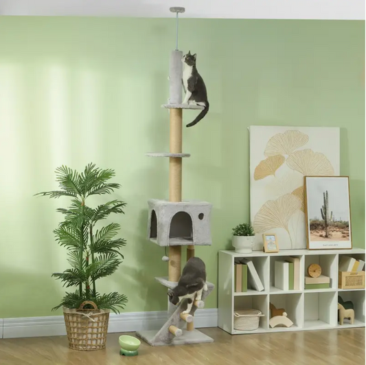 Floor to Ceiling Cat Tree for Large Cats Adult, Cat Tower Adjustable Height 89'-104' w/ Scratching Post, Cat House, 3-Steps, Hanging Ball, Perches, Anti-tip Kit, Light Grey