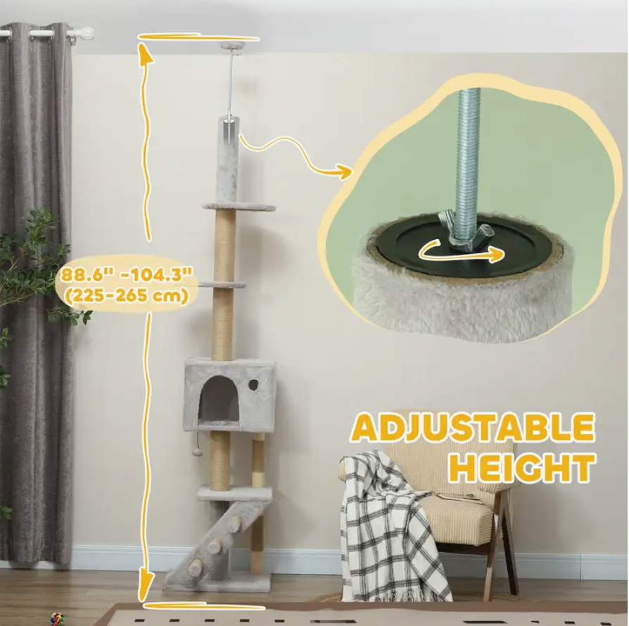 Floor to Ceiling Cat Tree for Large Cats Adult, Cat Tower Adjustable Height 89'-104' w/ Scratching Post, Cat House, 3-Steps, Hanging Ball, Perches, Anti-tip Kit, Light Grey