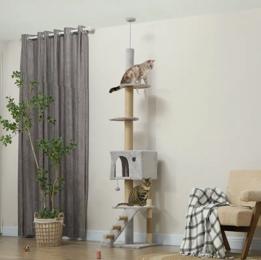 Floor to Ceiling Cat Tree for Large Cats Adult, Cat Tower Adjustable Height 89'-104' w/ Scratching Post, Cat House, 3-Steps, Hanging Ball, Perches, Anti-tip Kit, Light Grey
