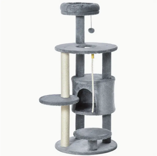 44" Multi-Level Cat Tree for Indoor Cats - Durable Plywood Climbing Activity Center with Jute Scratching Post, Perch, Hanging Ball Toy & Teasing Rope - Cozy Dark Grey Tower for Play & Relaxation