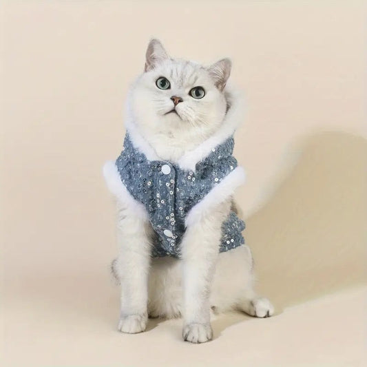 1pc Sequin Denim Cat Coat, Fleece Warm Cat Hooded Jacket, Double Layer Pet Winter Clothes For Cats And Small Medium Dogs For Winter Outdoor Party Wear.