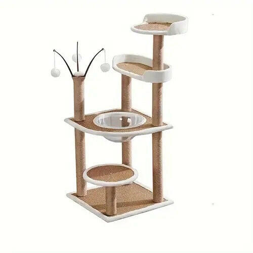 Cat Tree, Wood Cat Tower For Indoor Cats With Scratching Post, Condo Bed, Natural.